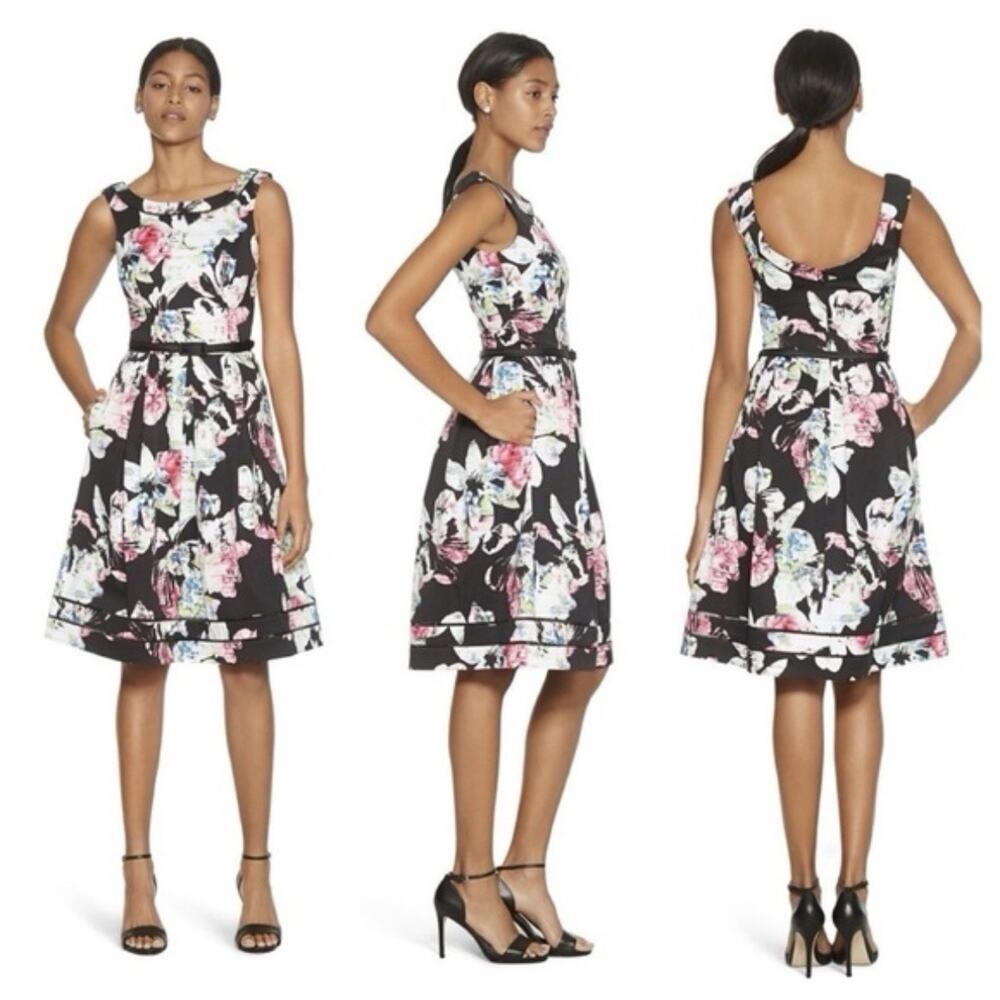 White House Black Market WHBM‎ Fallie Firl A Line Black Floral Midi Dress 2